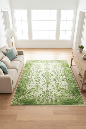 Tapis de Salon Oriental Vert — Motif Floral Vintage Délavé — Grand Tapis Antidérapant
