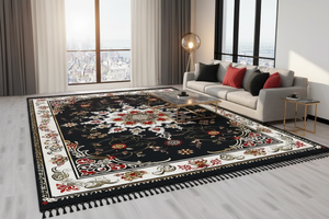 Tapis de Salon Oriental Noir et Rouge — Motif Floral Luxe — Grand Tapis Antidérapant