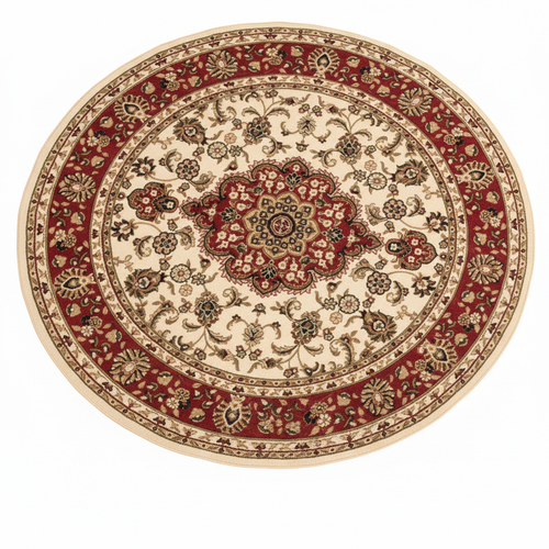 Tapis Rond Ivoire et Rouge — Motif Médaillon Oriental — Tapis Vintage Antidérapant