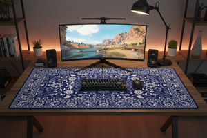 Tapis de Souris Gaming Persan Bleu Marine — Grand Format XXL Motif Médaillon Blanc