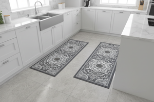 Tapis de Cuisine Oriental Gris — Set 2 Pièces Motif Médaillon Floral — Tapis Antidérapant