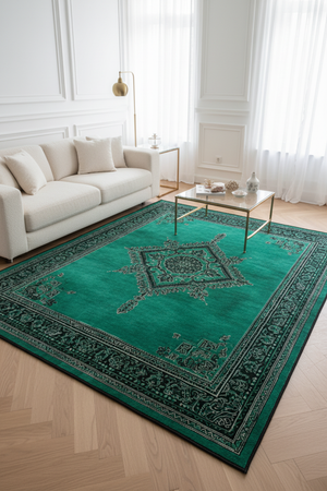 Tapis de Salon Oriental Vert Émeraude — Motif Médaillon Géométrique — Grand Tapis Antidérapant