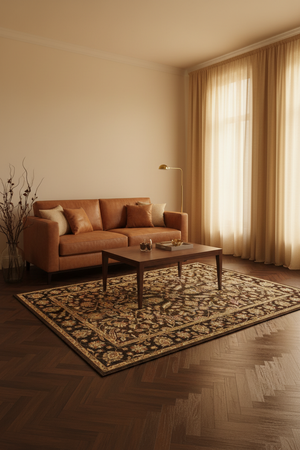 Tapis de Salon Oriental Marron et Beige — Motif Floral Classique — Grand Tapis Antidérapant