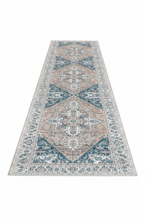 Tapis de Couloir Oriental Bleu et Terracotta — Motif Géométrique Vintage — Tapis Long Antidérapant