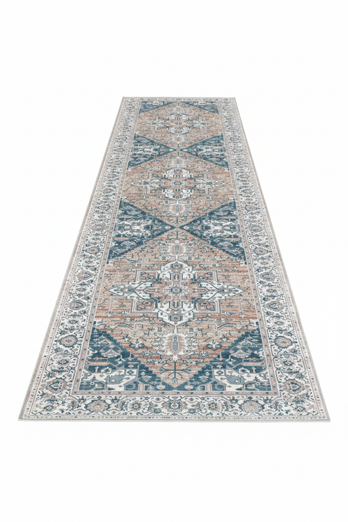 Tapis de Couloir Oriental Bleu et Terracotta — Motif Géométrique Vintage — Tapis Long Antidérapant