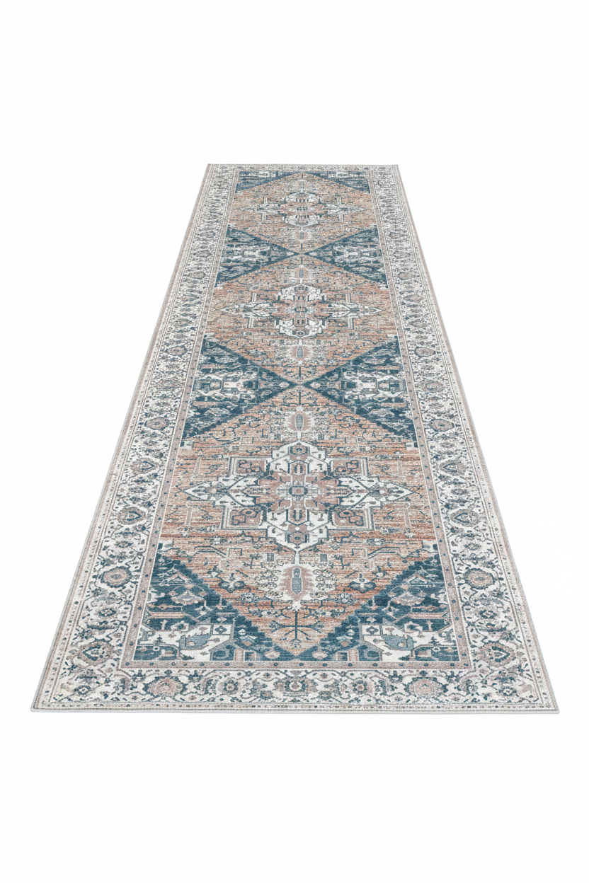Tapis de Couloir Oriental Bleu et Terracotta — Motif Géométrique Vintage — Tapis Long Antidérapant