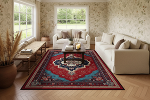 Tapis de Salon Oriental Rouge et Bleu Canard — Motif Médaillon Géométrique — Grand Tapis Antidérapant