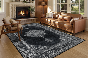 Tapis de Salon Oriental Noir — Motif Médaillon Floral Vintage — Grand Tapis Antidérapant