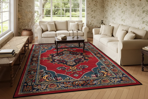 Tapis de Salon Oriental Rouge et Bleu Marine — Motif Médaillon Coloré Vintage — Grand Tapis Antidérapant