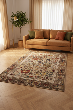 Tapis de Salon Oriental Beige et Multicolore — Motif Floral Tribal Vintage — Grand Tapis Antidérapant