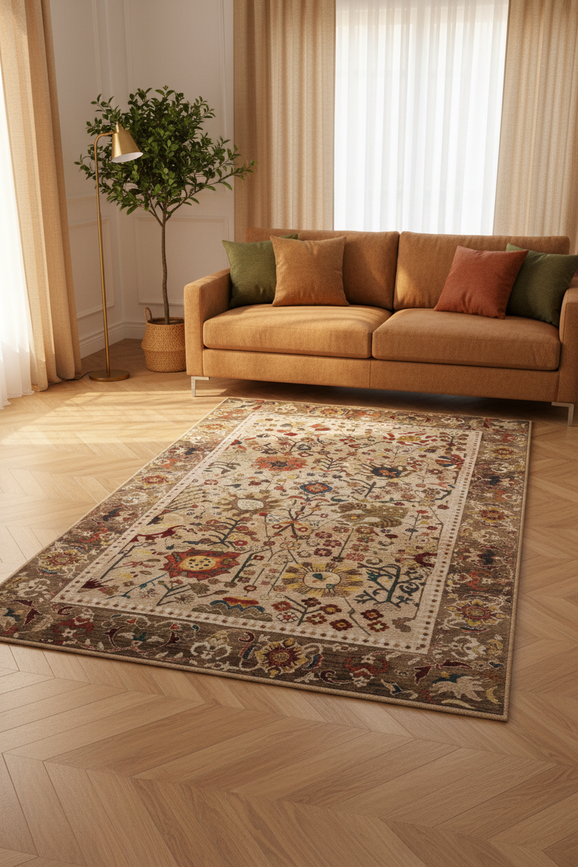 Tapis de Salon Oriental Beige et Multicolore — Motif Floral Tribal Vintage — Grand Tapis Antidérapant