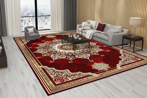 Tapis de Salon Oriental Rouge et Doré — Motif Médaillon Étoilé Luxe — Grand Tapis Antidérapant