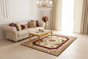 Tapis de Salon Oriental Bordeaux et Crème — Motif Médaillon Floral Classique — Grand Tapis Antidérapant