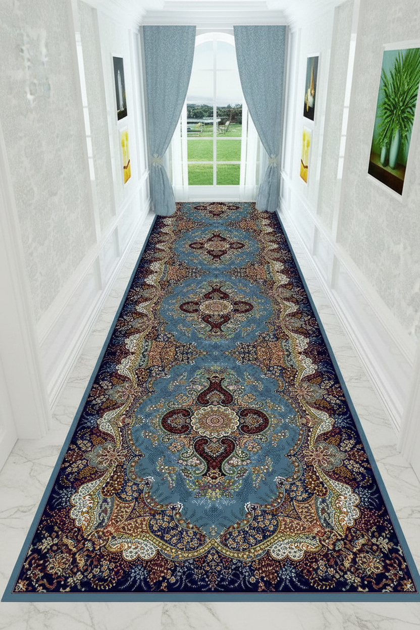 Tapis de Couloir Oriental Bleu et Bordeaux — Motif Médaillon Luxe | Tapis Long Antidérapant