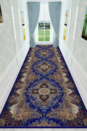 Tapis de Couloir Oriental Bleu Roi et Multicolore — Motif Médaillon Luxe — Tapis Long Antidérapant