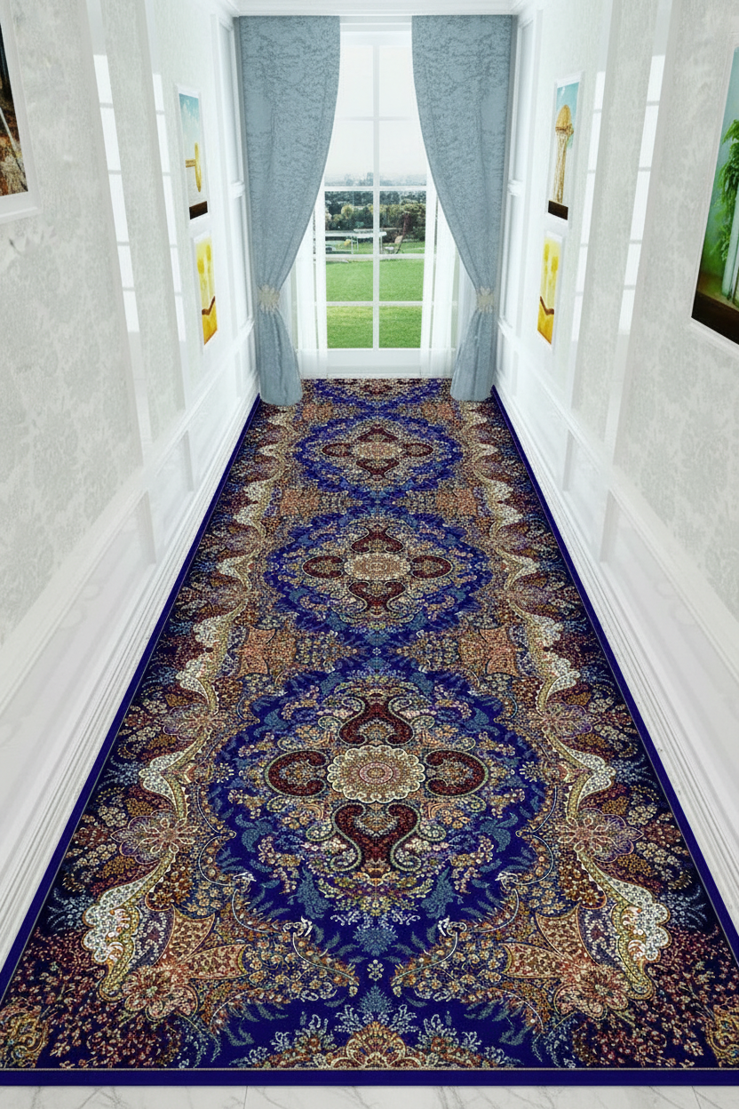 Tapis de Couloir Oriental Bleu Roi et Multicolore — Motif Médaillon Luxe — Tapis Long Antidérapant