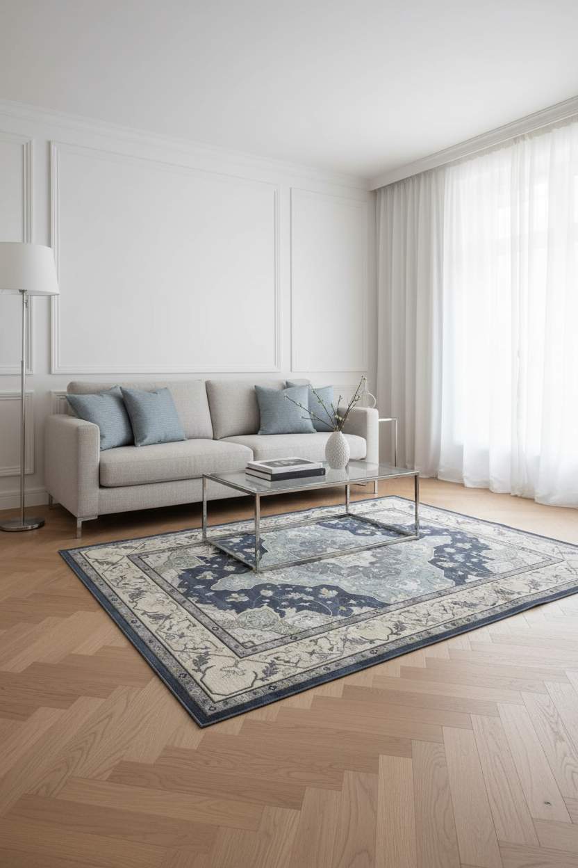 Tapis de Salon Oriental Bleu Ardoise et Crème — Motif Médaillon Losange Élégant — Grand Tapis Antidérapant