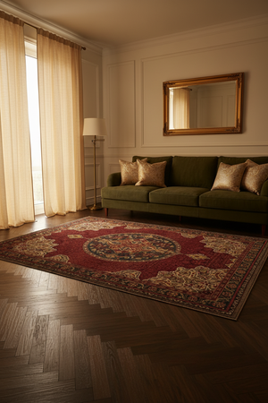 Tapis de Salon Oriental Rouge et Bleu-Vert — Motif Médaillon Rond Ornemental — Grand Tapis Antidérapant