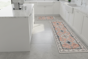 Tapis de Cuisine Oriental Terracotta et Gris — Set 2 Pièces Motif Géométrique Vintage — Tapis Antidérapant