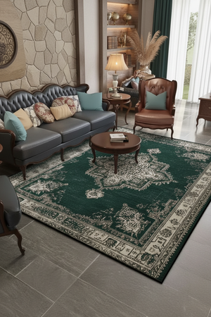 Tapis de Salon Oriental Vert Émeraude — Motif Médaillon Vintage — Grand Tapis Antidérapant