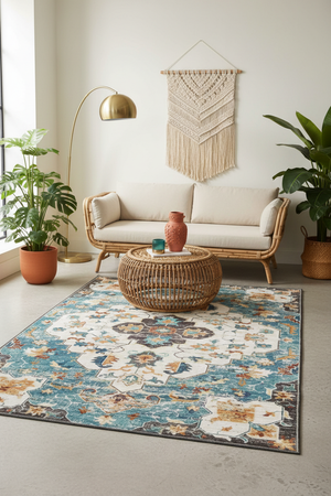 Tapis de Salon Oriental Turquoise et Multicolore — Motif Médaillon Floral Vintage — Grand Tapis Antidérapant