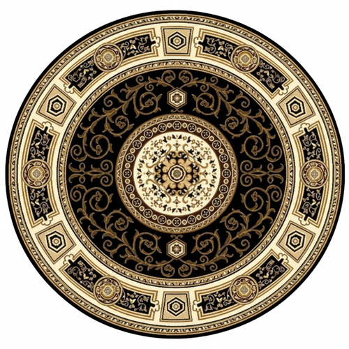 Tapis Rond Noir et Doré — Motif Médaillon Oriental — Tapis Vintage Antidérapant