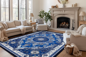 Tapis de Salon Oriental Bleu Marine et Crème — Motif Médaillon Floral Raffiné — Grand Tapis Antidérapant