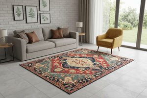 Tapis de Salon Oriental Rouge et Bleu — Motif Médaillon Tribal Géométrique — Grand Tapis Antidérapant