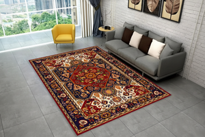Tapis de Salon Oriental Rouge et Bleu Marine — Motif Médaillon Losange Floral — Grand Tapis Antidérapant
