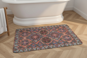 Tapis de Bain Oriental Corail et Bleu — Motif Floral Géométrique Vintage — Tapis de Salle de Bain Antidérapant