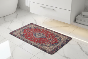 Tapis de Bain Oriental Rouge et Bleu Marine — Motif Médaillon Ethnique — Tapis de Salle de Bain Antidérapant
