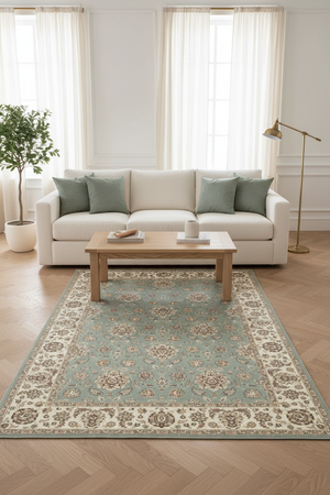 Tapis de Salon Oriental Vert d'Eau et Crème — Motif Floral Classique — Grand Tapis Antidérapant