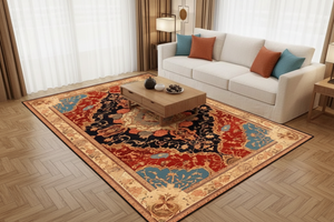 Tapis de Salon Oriental Rouge et Noir — Motif Médaillon Vintage — Grand Tapis Antidérapant
