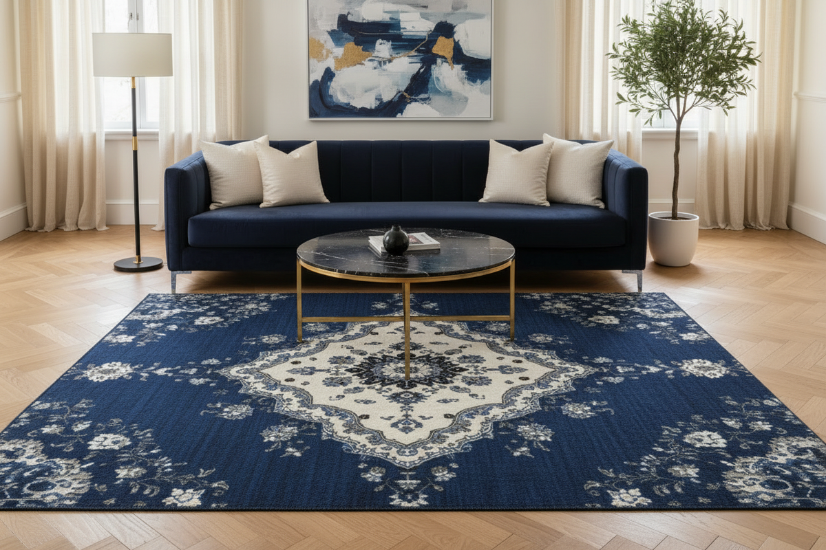 Tapis de Salon Oriental Bleu — Motif Médaillon Floral Délavé — Grand Tapis Antidérapant