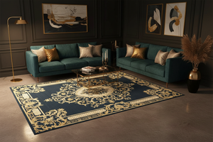 Tapis de Salon Oriental Bleu Marine et Doré — Motif Médaillon Baroque Ovale — Grand Tapis Antidérapant