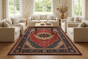 Tapis de Salon Oriental Rouge et Bleu Nuit — Motif Médaillon Floral Vintage — Grand Tapis Antidérapant
