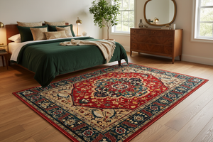 Tapis de Salon Oriental Rouge et Bleu Paon — Motif Médaillon Vintage — Grand Tapis Antidérapant