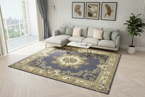 Tapis de Salon Oriental Bleu Marine et Doré — Motif Médaillon Baroque Élégant — Grand Tapis Antidérapant