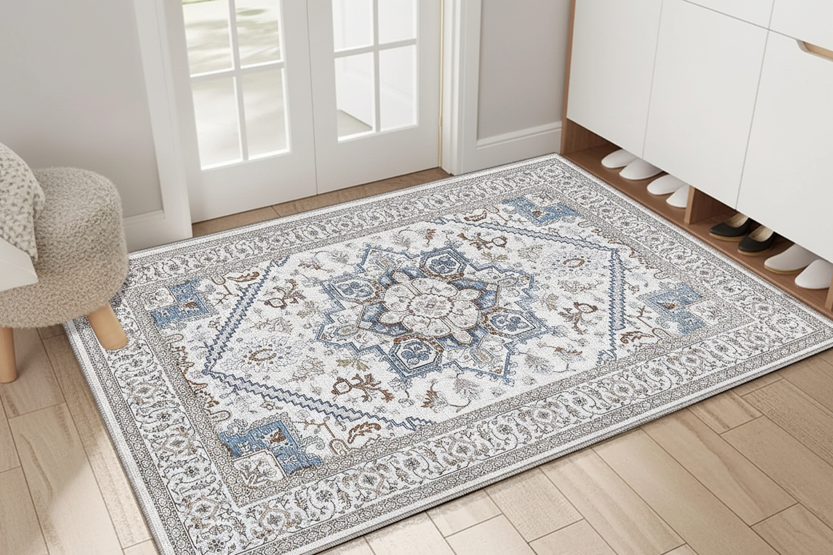 Tapis d'Entrée Oriental Blanc Cassé et Bleu — Motif Géométrique Boho Ethnique | Tapis Antidérapant