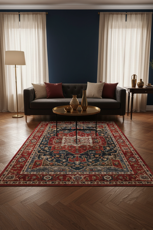 Tapis de Salon Oriental Rouge et Bleu Marine — Motif Médaillon Losange Vintage — Grand Tapis Antidérapant