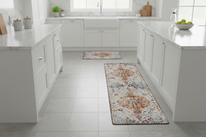 Tapis de Cuisine Oriental Terracotta et Bleu Pastel — Set 2 Pièces Motif Médaillon Vintage — Tapis Antidérapant