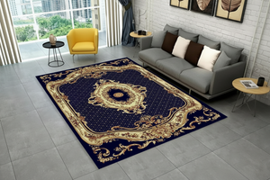 Tapis de Salon Oriental Bleu Marine et Or — Motif Médaillon Rond Ornemental — Grand Tapis Antidérapant