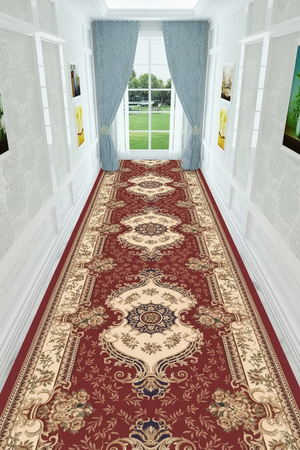 Tapis de Couloir Oriental Rouge et Ivoire — Motif Aubusson Fleuri — Tapis Long Antidérapant