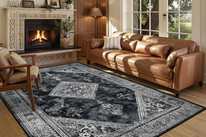 Tapis de Salon Oriental Gris — Motif Médaillon Losange Vintage — Grand Tapis Antidérapant