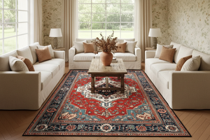 Tapis de Salon Oriental Rouge et Bleu — Motif Médaillon Luxe — Grand Tapis Antidérapant