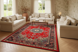 Tapis de Salon Oriental Rouge Vif et Bleu Marine — Motif Médaillon Vintage — Grand Tapis Antidérapant