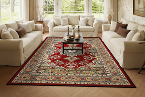 Tapis de Salon Oriental Rouge et Bleu Turquoise — Motif Médaillon Fleuri Vintage — Grand Tapis Antidérapant