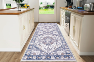 Tapis de Cuisine Oriental Long Bleu et Lavande — Motif Médaillon Vintage — Tapis Antidérapant