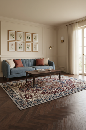 Tapis de Salon Oriental Bordeaux et Bleu Marine — Motif Médaillon Losange Classique — Grand Tapis Antidérapant