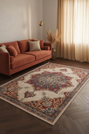 Tapis de Salon Oriental Crème et Rouge — Motif Médaillon Étoile Classique — Grand Tapis Antidérapant